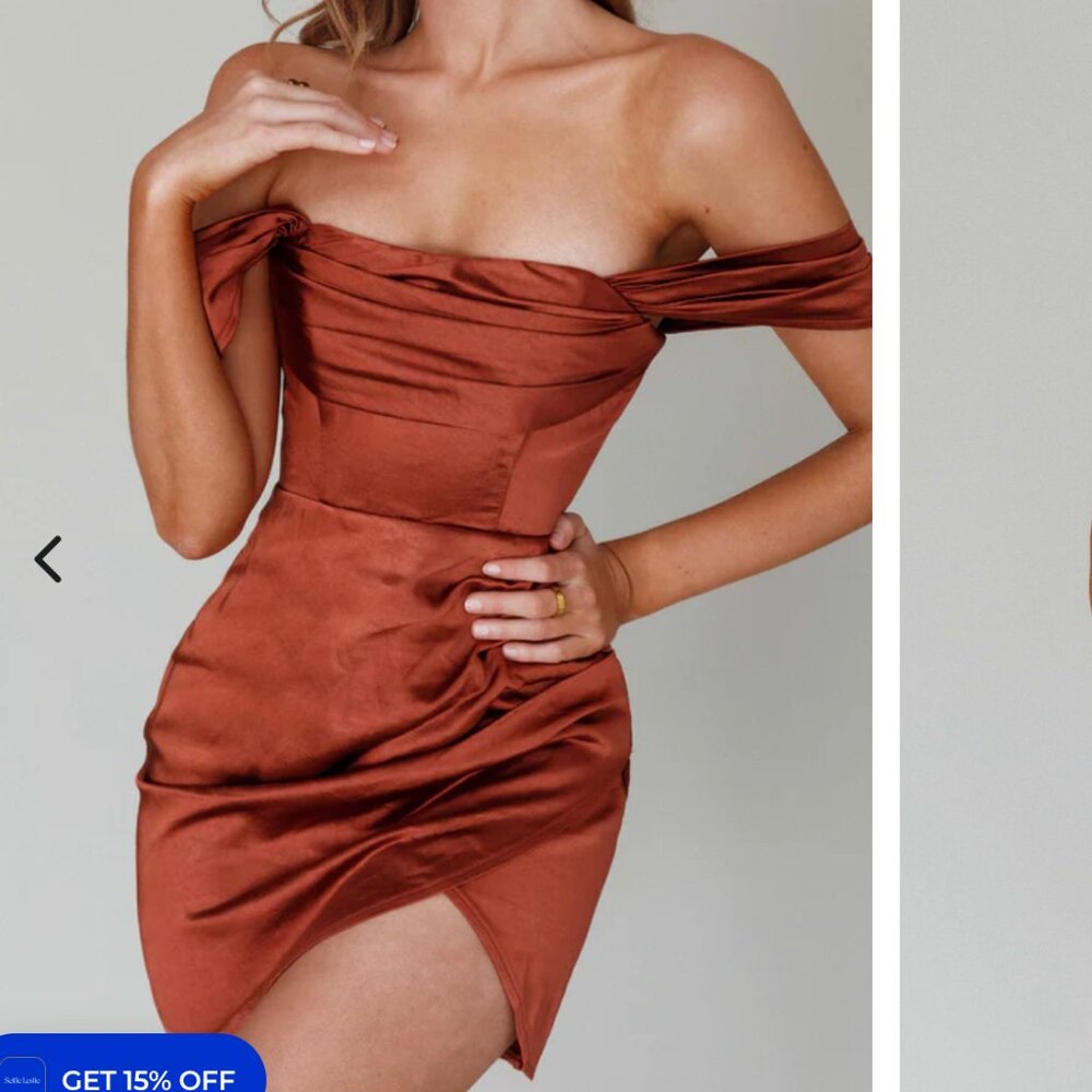 Share Selfie Leslie Night To Remember Off-Shoulder Satin Dress Chocolate- Size M